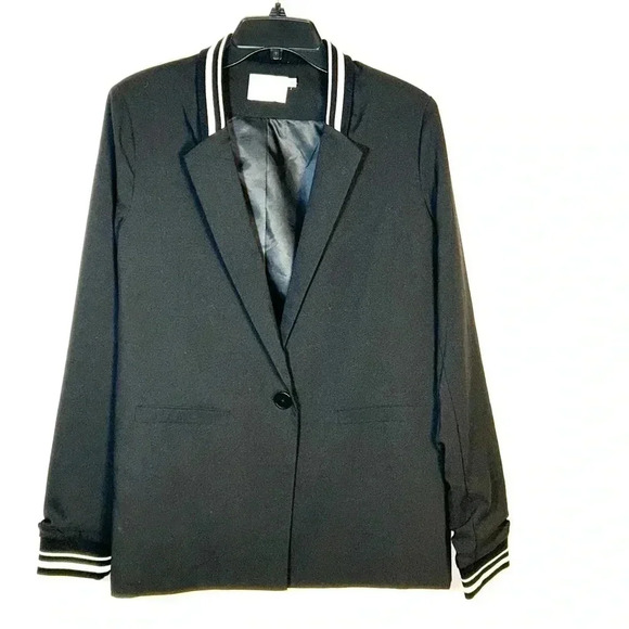 Lush Jacket Sz Small One Button Blazer Ruch Sleeves Black Stretch Stripe Collar - Picture 1 of 12
